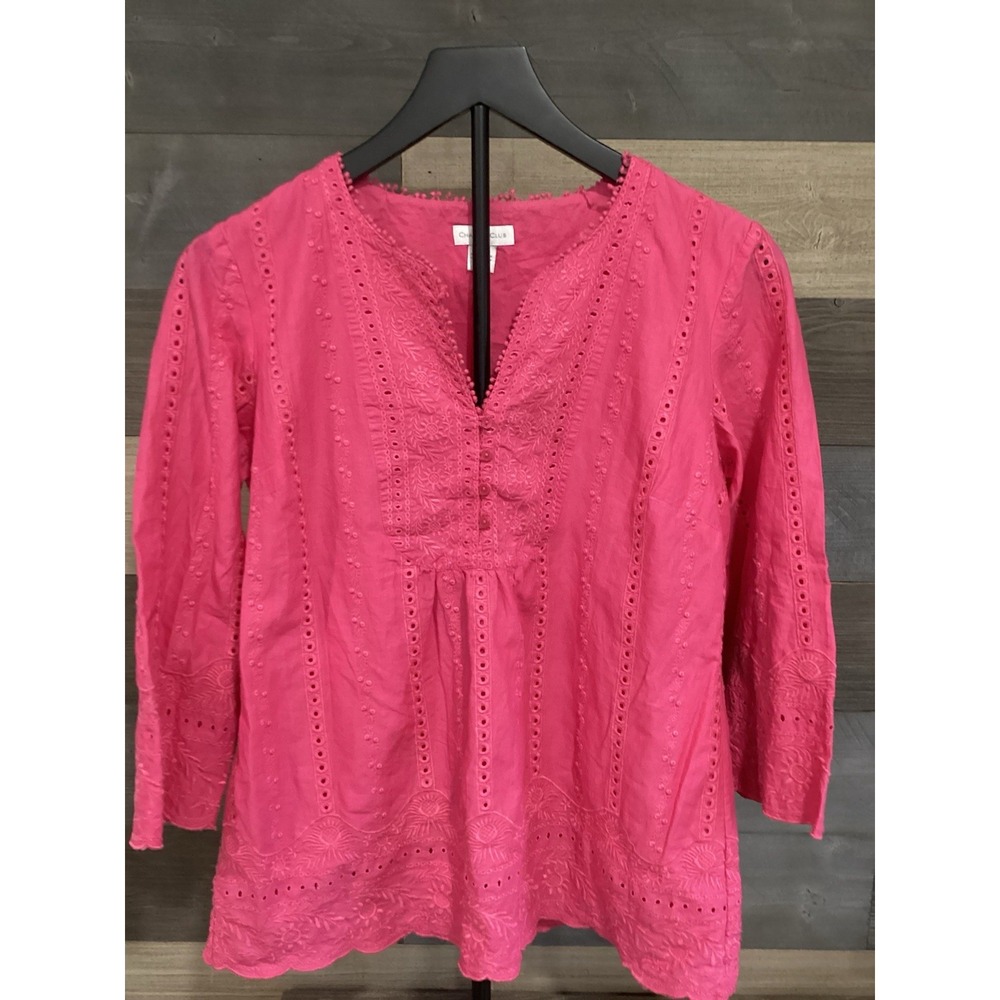 Charter Club Cotton Eyelet Tunic Top Blouse Pink Coral Split Neck Size 4"